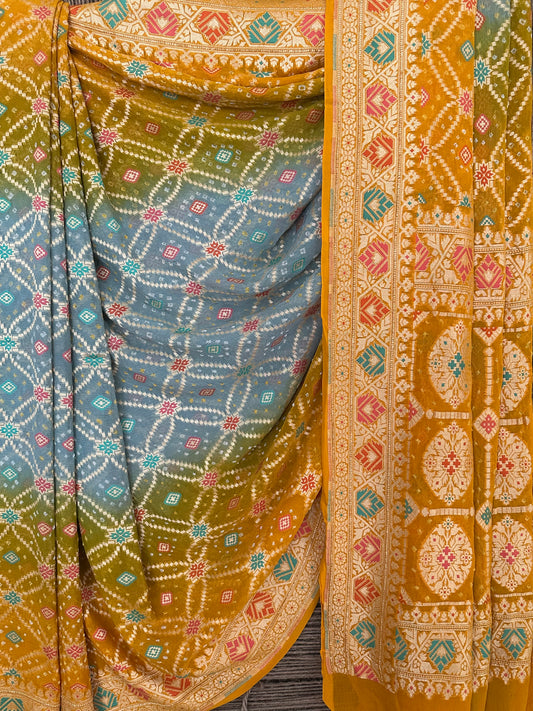 Fire yellow & blue gray dual shade handwoven neem zari bareek bandhani saree with khaddi georgette with meenakari work bs- 17