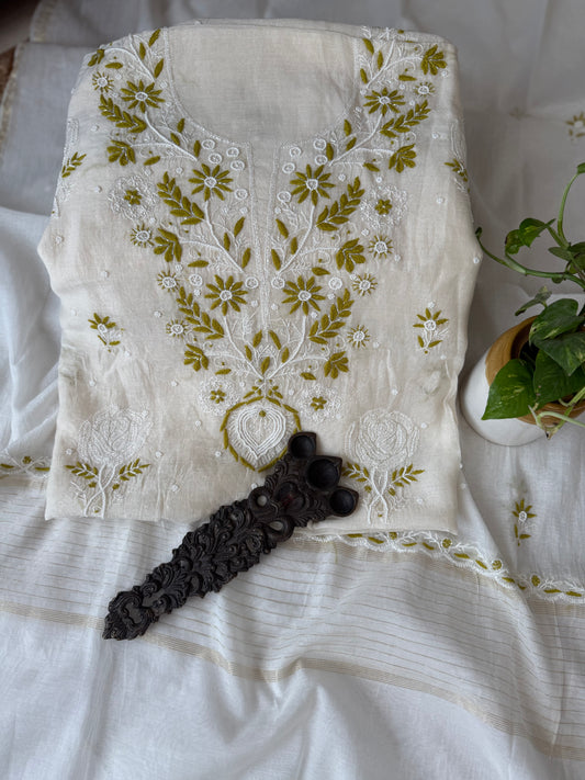 White & green embroidery premium mull chanderi lucknowi chickenkari with moti work hand embroidery three piece suit
