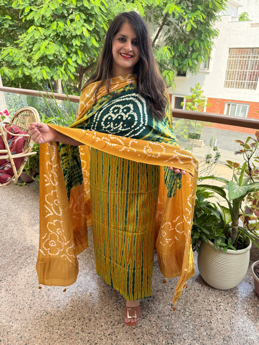 Mustard yellow & green modal silk shibori kurta with bandhani shibori handcrafted modal silk dupatta sbs-5