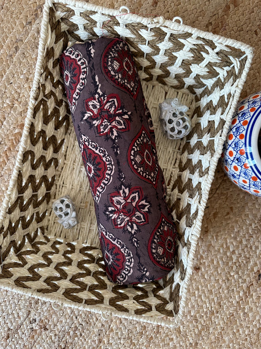 Chikoo brown ajrakh handcrafted natural dye printed cotton fabric cf - 18