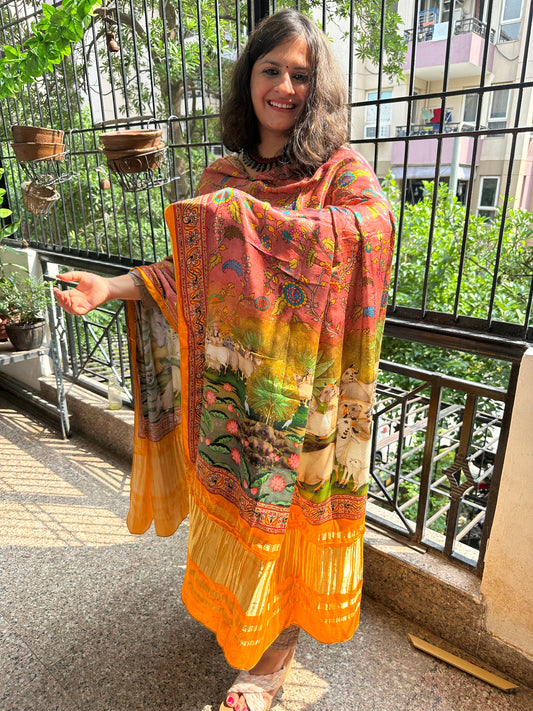 Light brown mustard pichwai patola print modal silk dupatta