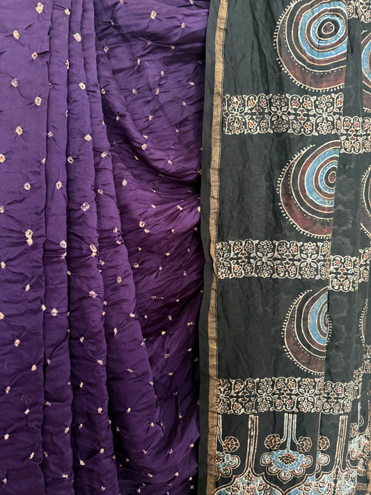 Purple chanderi silk bandhani handcrafted ajrakh sari