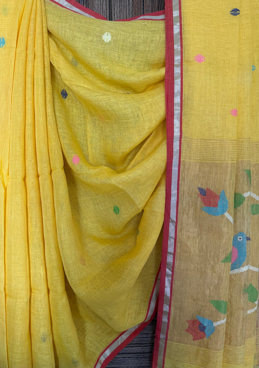 Golden yellow handwoven pure linen silk jamdani sari with zari pallu