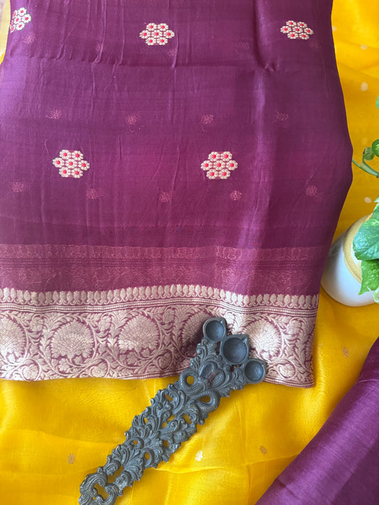 WINE MAROON KORA SILK CERTIFIED HANDLOOM BANARSI KADWA BUTTI WITH WOVEN ZARI THREE PIECE SUIT