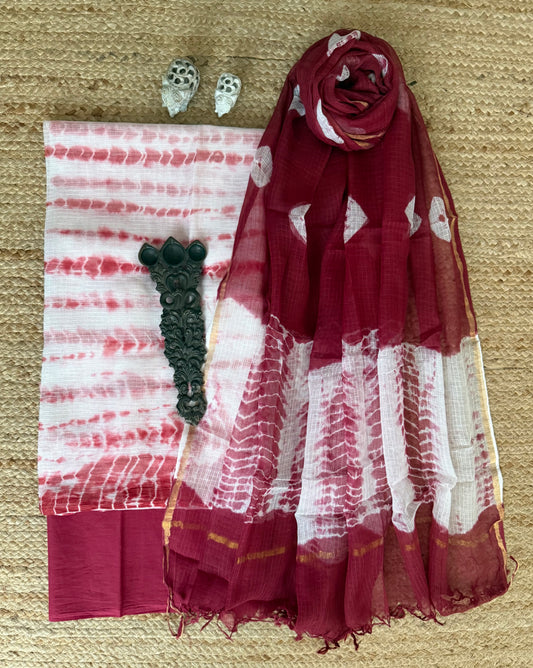 Red white shibori kota handblock suit set