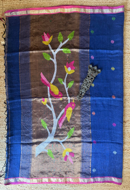 Royal blue handwoven pure linen silk jamdani sari with zari pallu