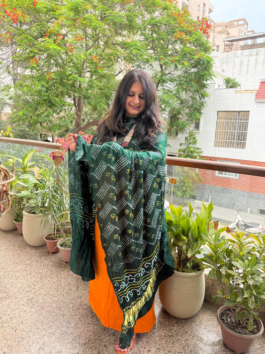 Golden yellow gajji and green shade handwoven bareek bandhani dupatta in pure gajji kurta set