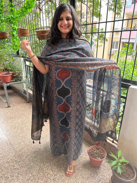 Indigo ajrakh contemporary chanderi silk handblock suit set