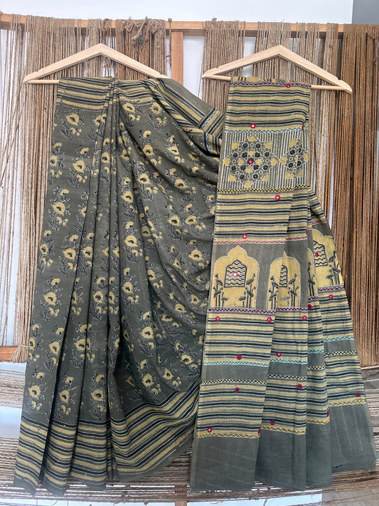 Mehndi green cotton ajrakh handembroidery sari