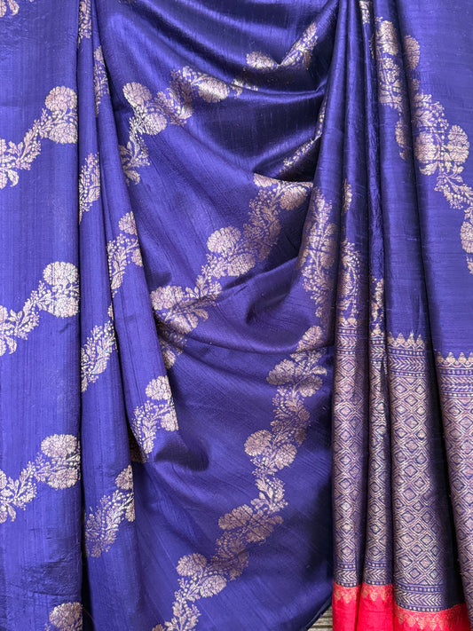 Indigo purple raw silk certified handloom banarsi sari with woven zari