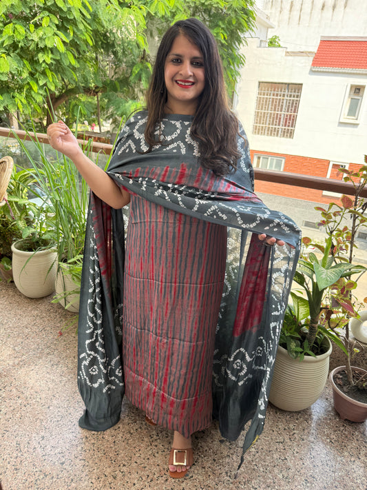Grey and maroon modal silk shibori kurta with bandhani shibori handcrafted modal silk dupatta sbs-7