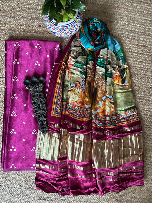 Magenta purple three dot mashru silk kurta with patola handcrafted modal silk dupatta ps-48