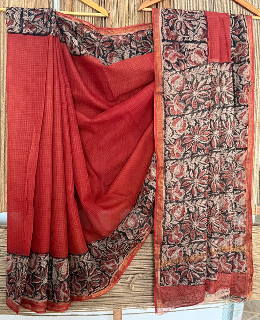 Maroon kota doria handblock sari