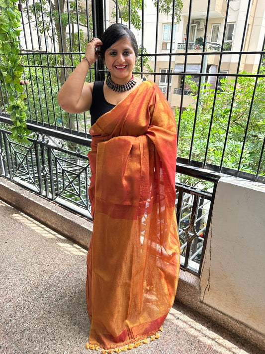 MAROON GOLD TISSUE LINEN ZARI SARI WITH WOVEN RED BORDER TL-5