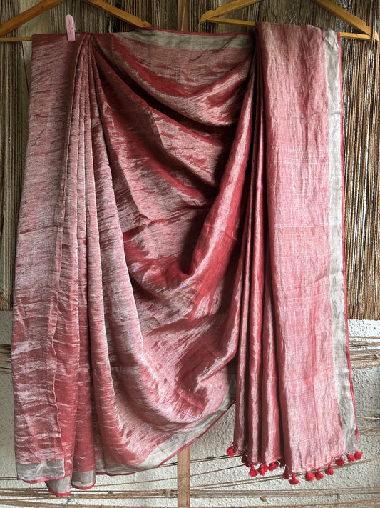 Maroon silver metallic linen sari with woven border & tassels