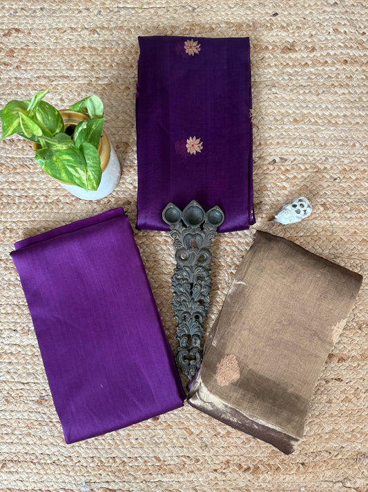 Purple kora silk certified handloom banarsi kadwa booti three piece suit