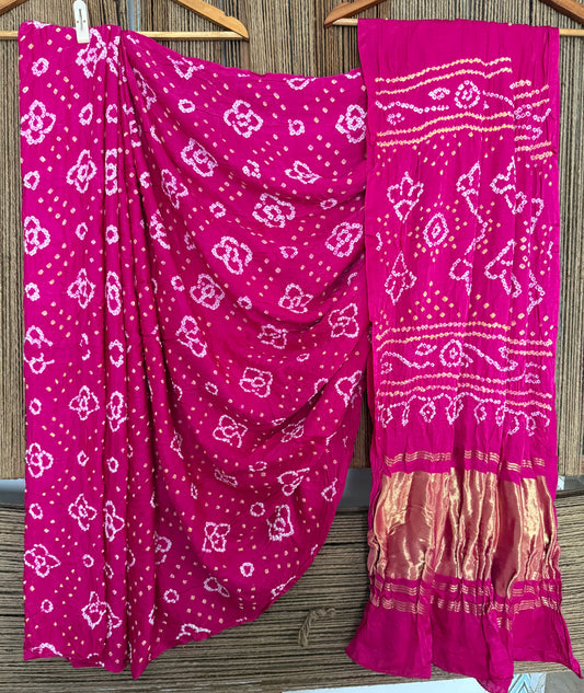 Fuchsia pink gajji silk rai bandhani sari