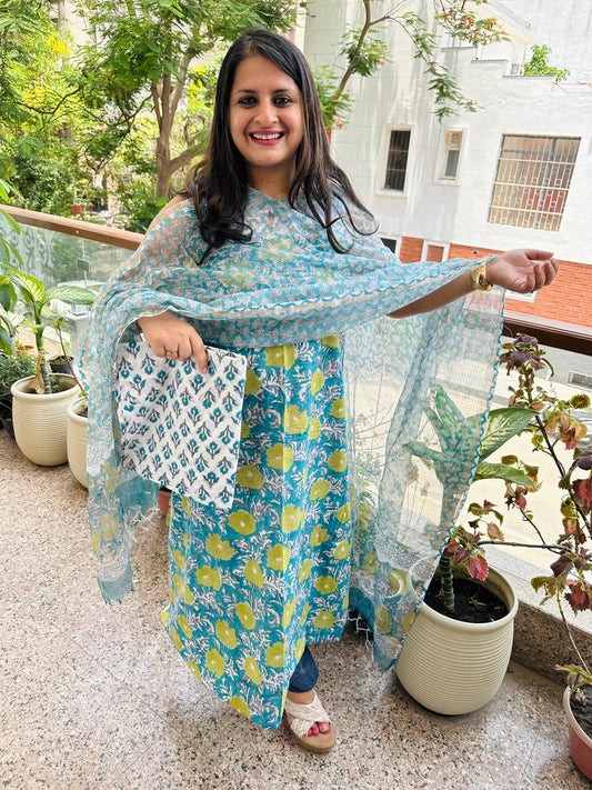 TURQUOISE MEHENDI COTTON KOTA HANDBLOCK SUIT SET