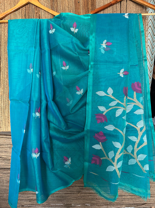 Cyan blue jamdani handwoven pure muslin silk sari