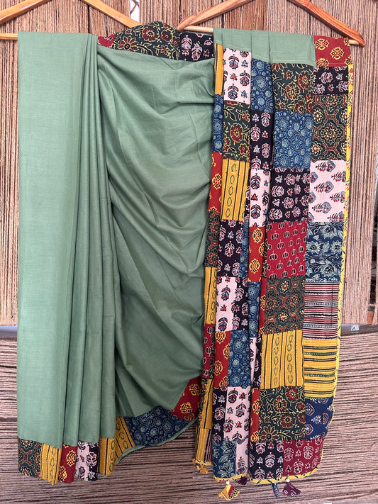 Medium sea green patch work ajrakh hand crafted mull saree