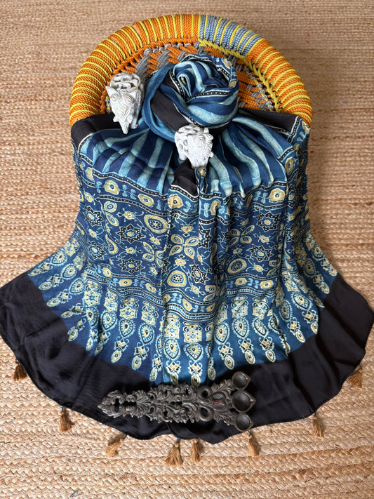 Indigo blue ajrakh modal silk handcrafted stole