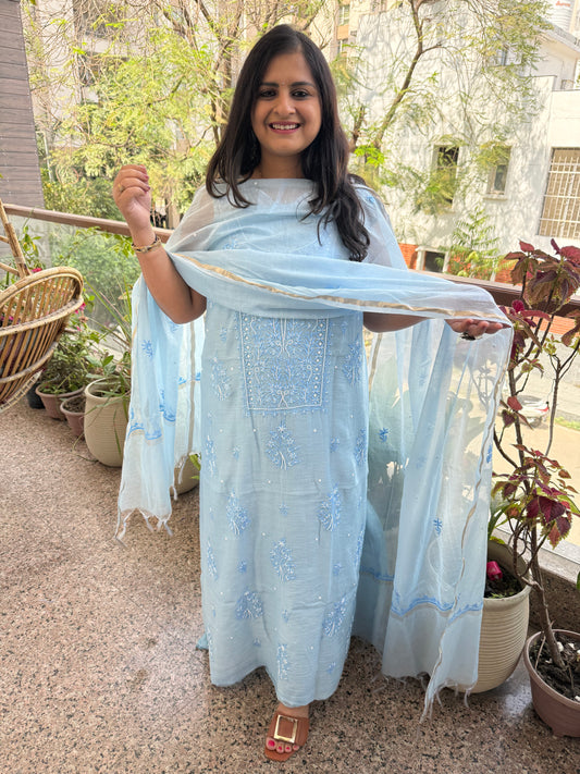 First dawn blue premium mull chanderi lucknowi chickenkari with moti work hand embroidery three piece suit