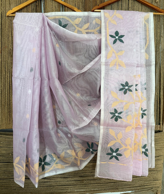 Pale pink jamdani handwoven pure muslin silk sari mjs -57