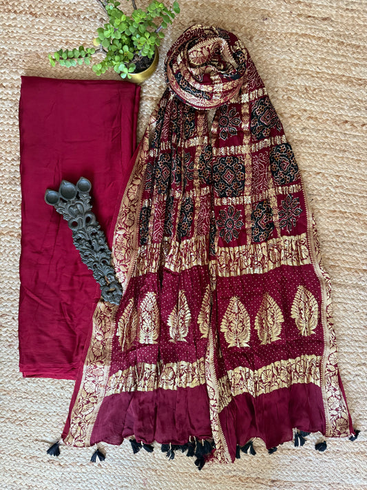 Maroon modal silk suit with ajrakh gharchola handcrafted modal silk dupatta ps-222
