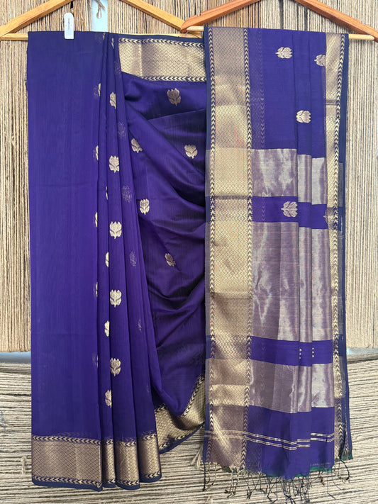 Berry blue maheshwari silk handloom sari with lotus motif