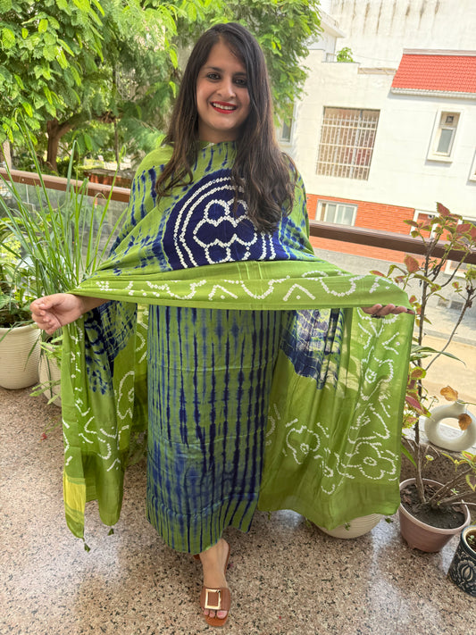 Green & blue modal silk shibori kurta with bandhani shibori handcrafted modal silk dupatta sbs-3 ji