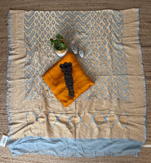 Dusty blue handwoven bareek bandhani khaddi georgette dupatta with pure gajji silk kurta