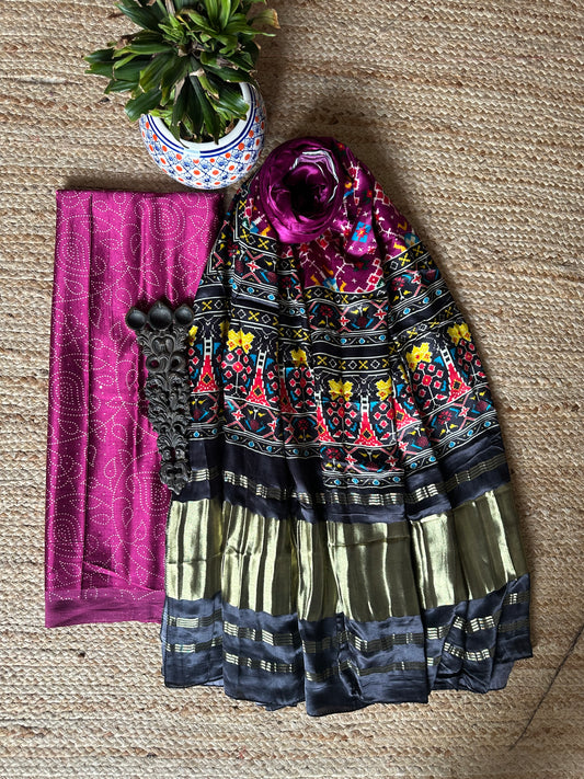 Magenta purple mashru silk kurta with patola handcrafted modal silk dupatta ps-78
