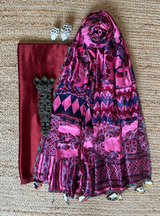 Maroon mashru silk kurta with ajrakh handcrafted patchwork modal silk dupatta