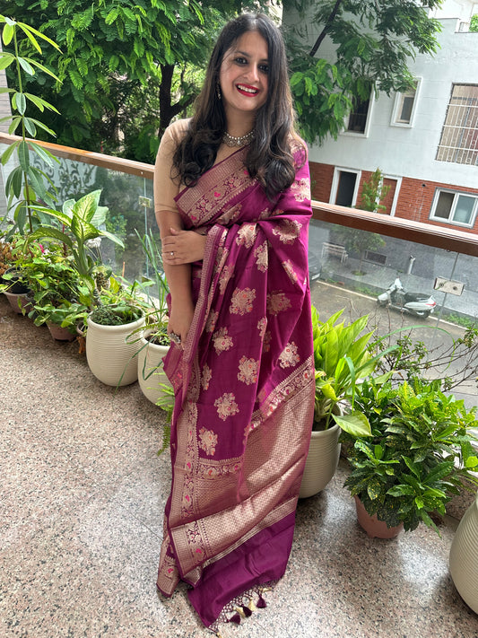Jam purple banarasi chiniya silk certified zari woven sari