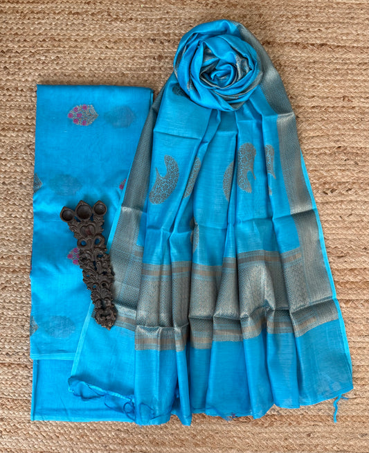 Turquoise Blue chanderi handloom banarsi booti three piece suit
