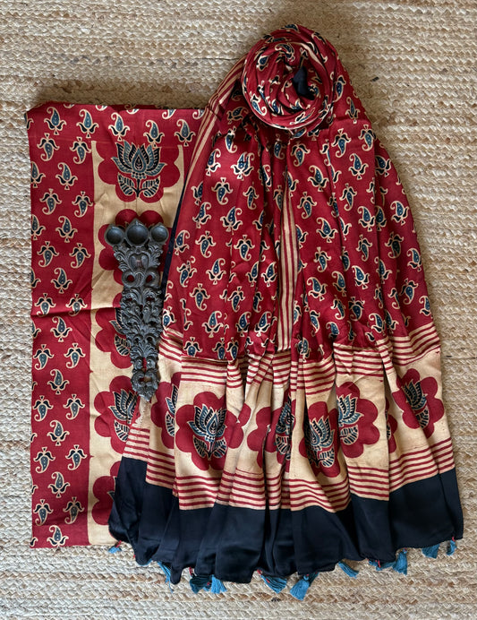 Red ajrakh modal silk handblock kurta set