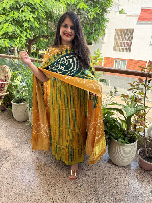Mustard yellow & green modal silk shibori kurta with bandhani shibori handcrafted modal silk dupatta sbs-5