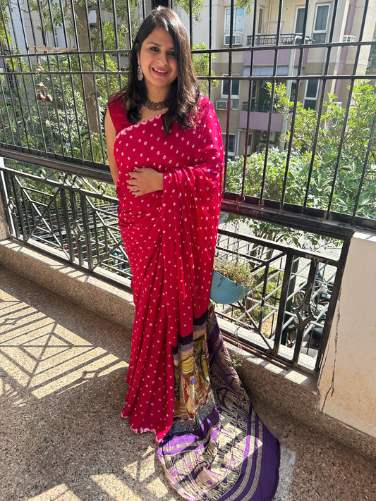Pink modal silkbandhani handcrafted with pichwai print sari in nakshi border