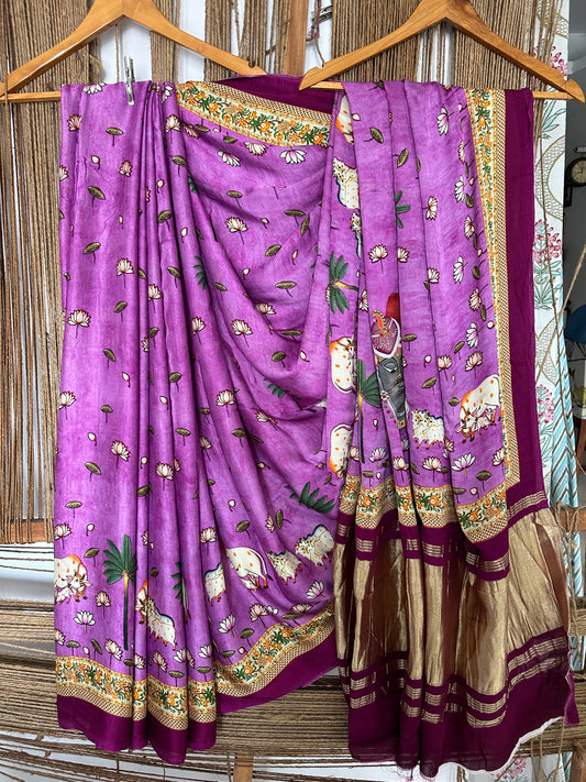 Purple pichwai modal silk patola print sari with zari border pms- 1043