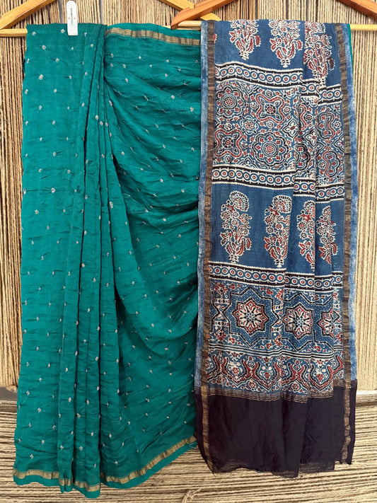 Teal blue chanderi silk bandhani handcrafted ajrakh sari