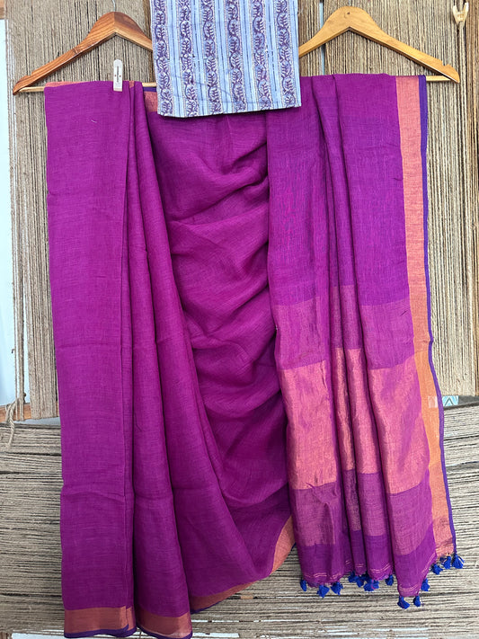 Purple linen sari with woven border