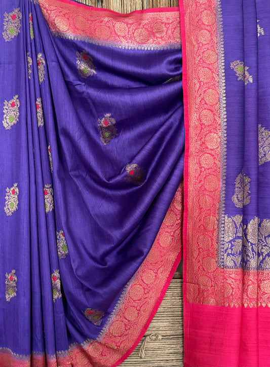 Cyber grape purple raw silk certified handloom banarsi sari with woven zari