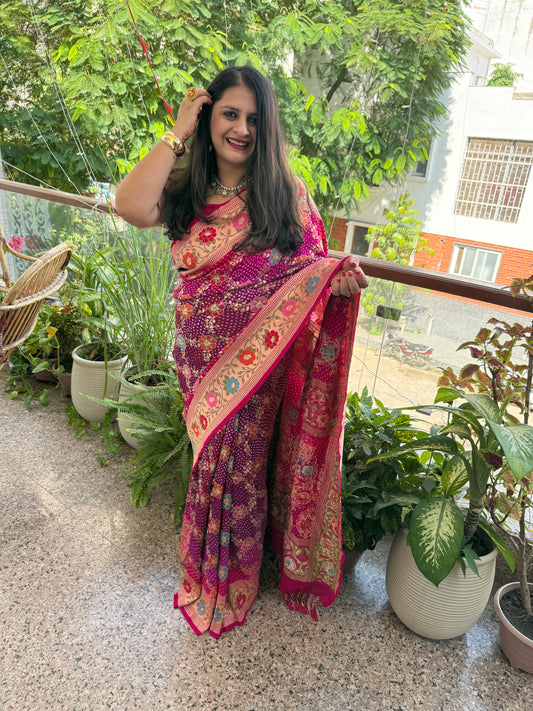 Purplish pink dual shade handwoven rai bareek bandhani saree meenakari jaal with khaddi georgette mks-1