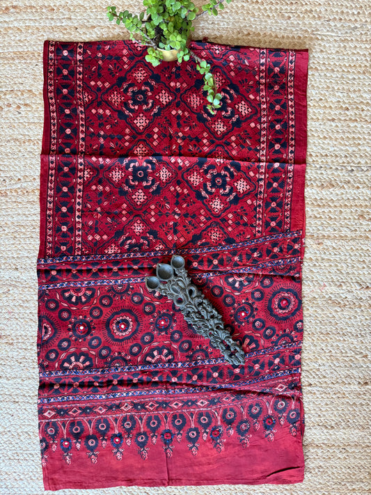 MAROON AJRAKH MODAL SILK STOLE WITH HAND EMBROIDERY MIRROR WORK