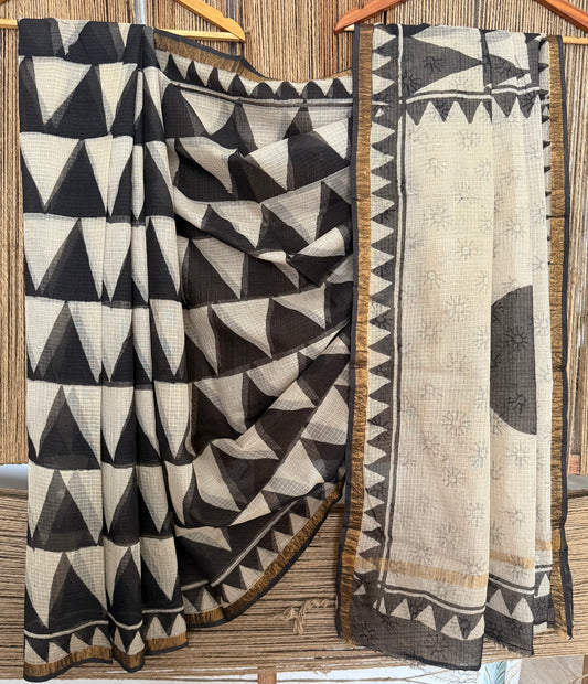 Beige kota doria handblock sari