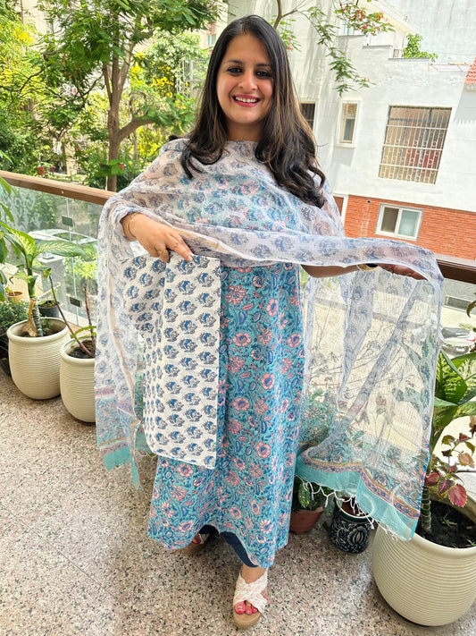 TURQUOISE COTTON KOTA HANDBLOCK SUIT SET