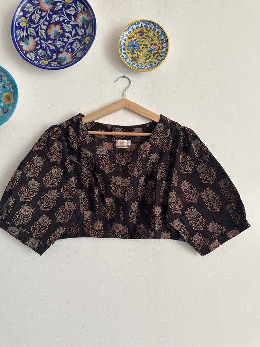 Black ajrakh cotton blouse blouse with wooden button