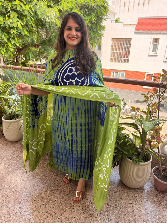 Green & blue modal silk shibori kurta with bandhani shibori handcrafted modal silk dupatta sbs-3 ji
