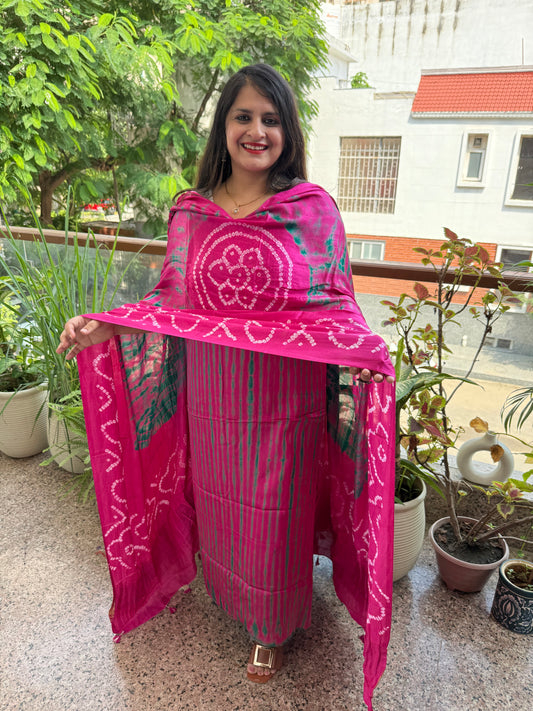 Pink & green modal silk shibori kurta with bandhani shibori handcrafted modal silk dupatta sbs-4