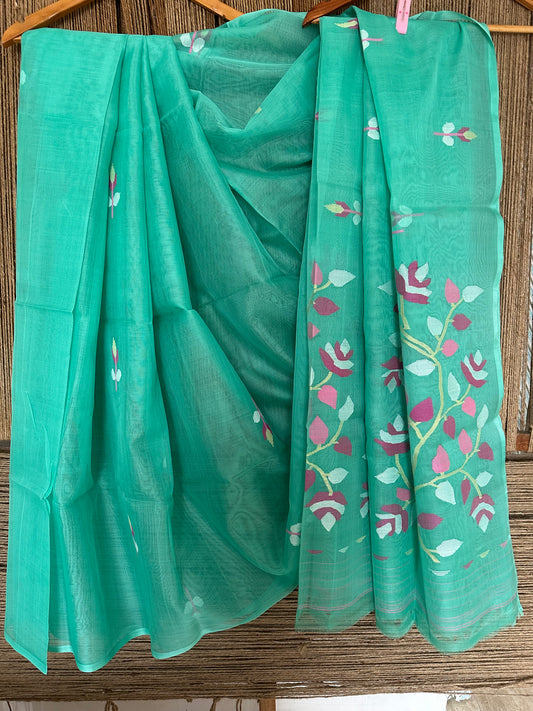 Spring green jamdani handwoven pure muslin silk sari
